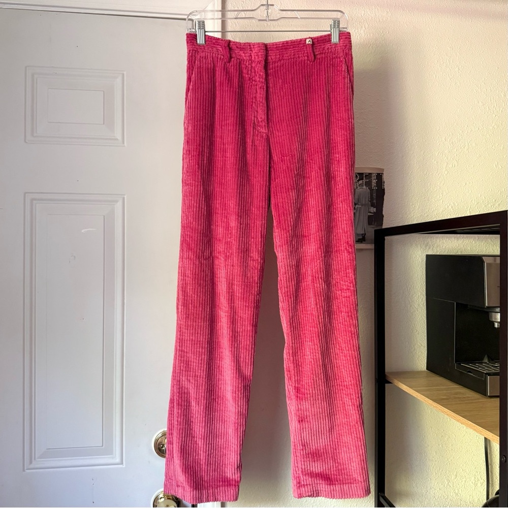 MYTHS pink cotton modal corduroy slim straight leg cropped pants